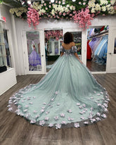Off-Shoulder Ball Gown with Puff Sleeves 3D Floral Lace Appliques & Beaded Blue Tulle Perfect for Quinceanera & Sweet 16 Formal Events